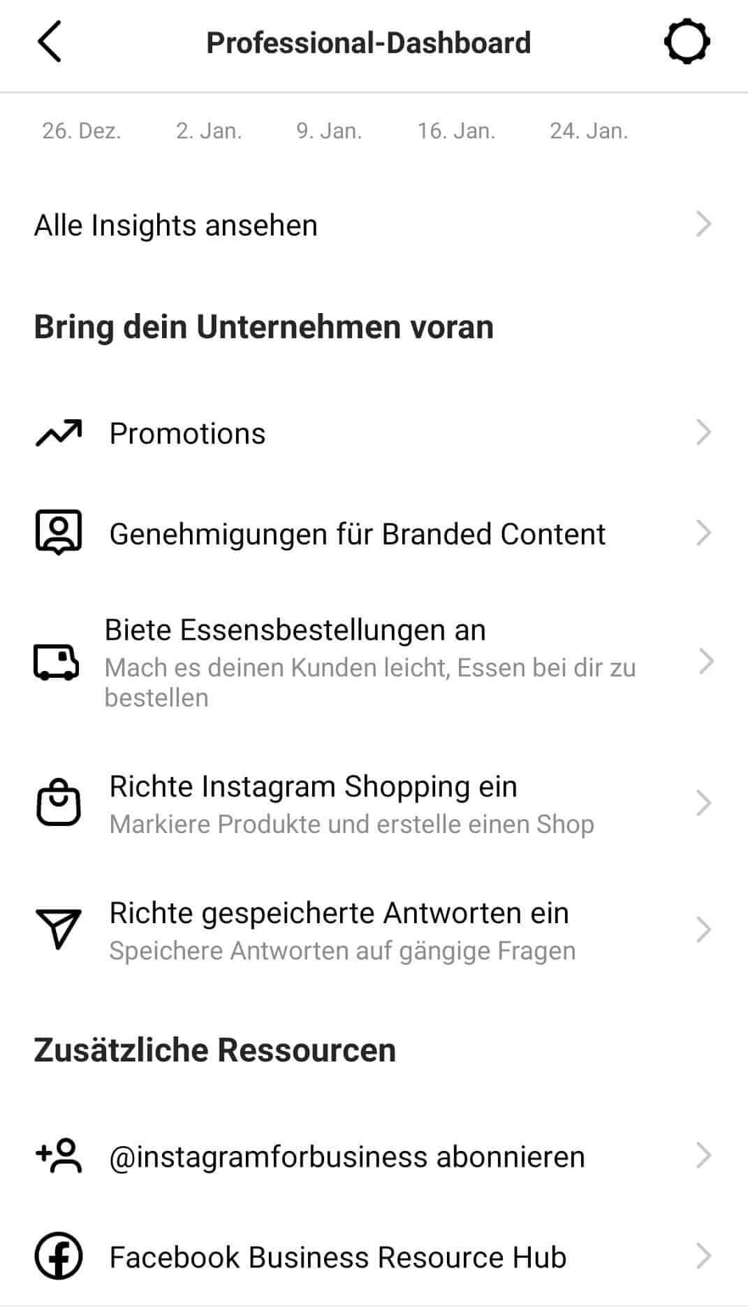 Instagram professional Dashboard Funktionen