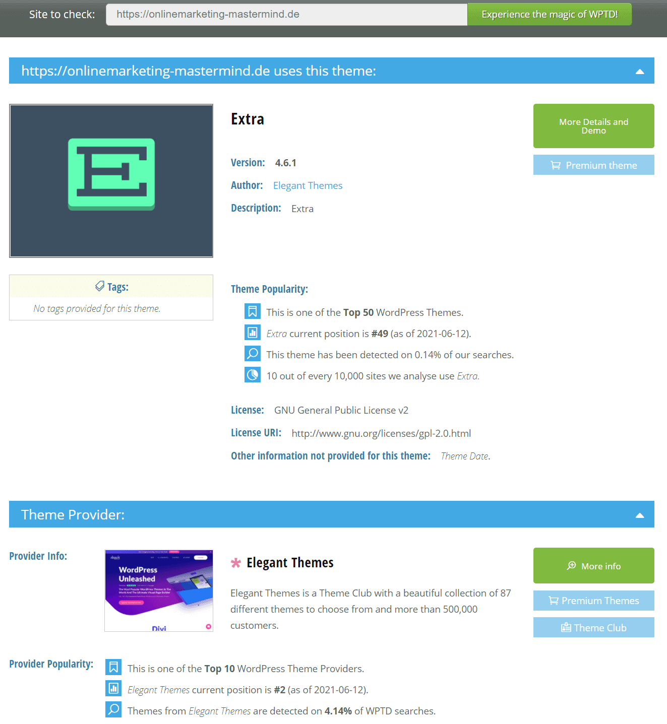 Welches WordPress Theme wird verwendet WPTD Ergebnis