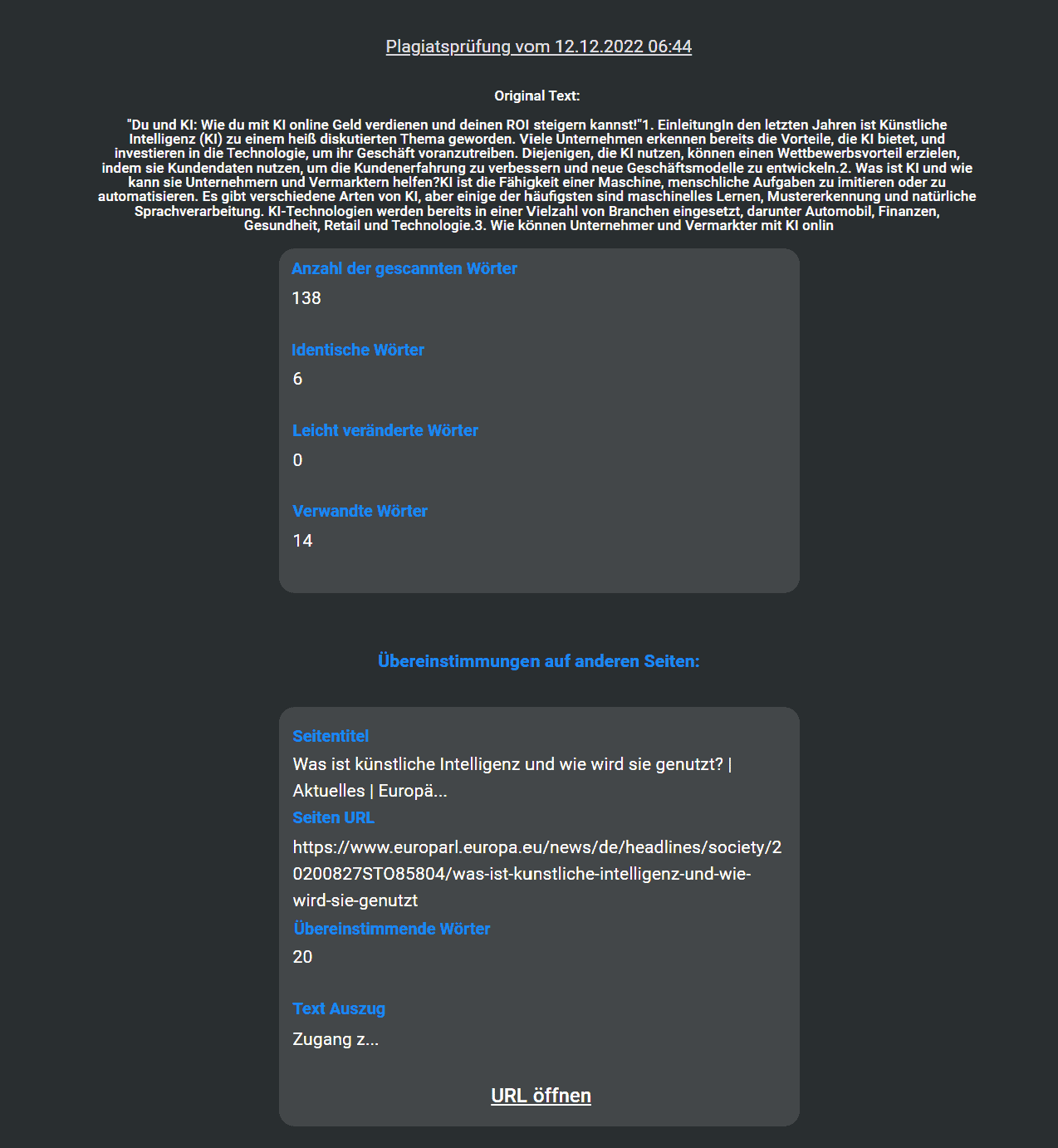 Mindverse Artikel Generator Plagiatsprüfung Ergebnis